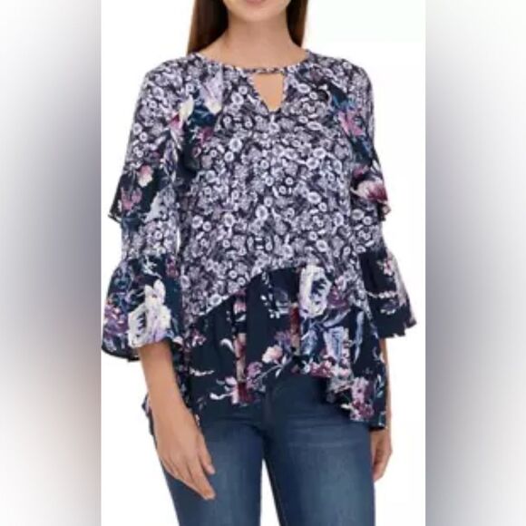 NWT Cupio Tiered Floral Mix Print Top 3/4 Sleeve Large - Picture 1 of 11